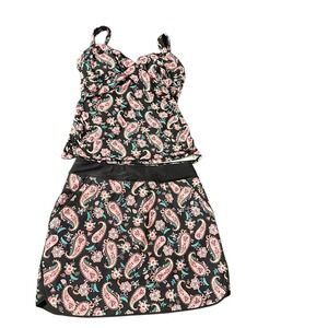 Lands End Womens Paisley Floral Tankini Swim Top and Skirt Set Black Pink Size 8